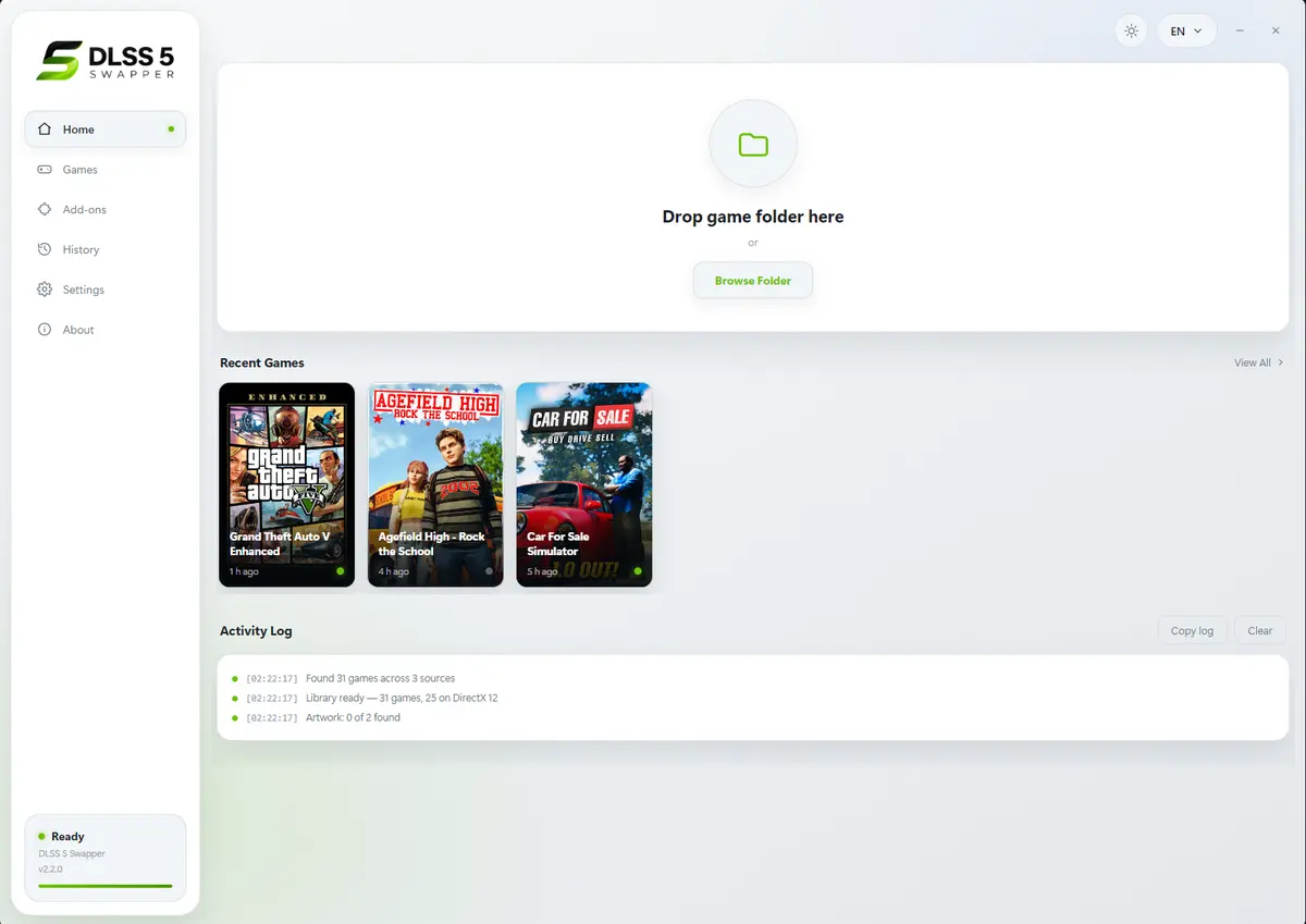 DLSS 5 Swapper 홍보 배너. 검은 회로 배경에 초록 '5' 앱 아이콘, 오른쪽에 One Click. Every Game. 문구.