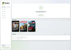 DLSS 5 Swapper 홍보 배너. 검은 회로 배경에 초록 '5' 앱 아이콘, 오른쪽에 One Click. Every Game. 문구.