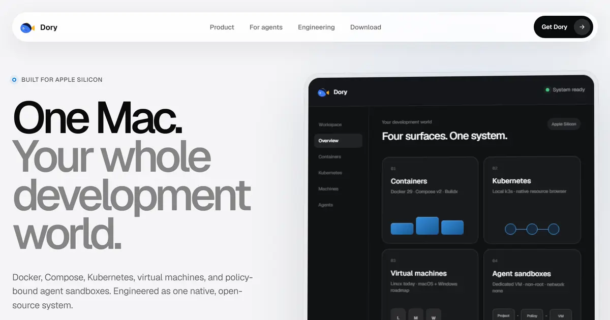 usedory.dev 첫 화면: 'One Mac. Your whole development world.' 헤드라인과 Containers·Kubernetes·Virtual machines·Agent sandboxes 카드가 든 앱 창 모형(웹사이트 그림, 실제 앱 화면 아님)