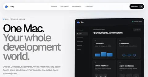 usedory.dev 첫 화면: 'One Mac. Your whole development world.' 헤드라인과 Containers·Kubernetes·Virtual machines·Agent sandboxes 카드가 든 앱 창 모형(웹사이트 그림, 실제 앱 화면 아님)