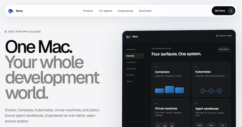 usedory.dev 첫 화면: 'One Mac. Your whole development world.' 헤드라인과 Containers·Kubernetes·Virtual machines·Agent sandboxes 카드가 든 앱 창 모형(웹사이트 그림, 실제 앱 화면 아님)