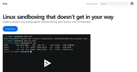 The Drop site: a terminal example running drop init and drop run bash.