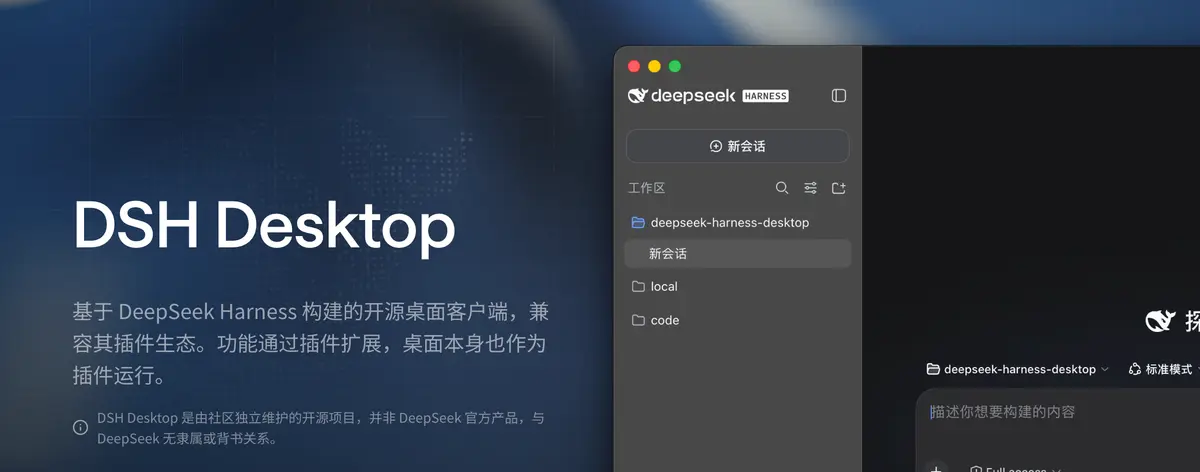 DSH Desktop 채팅 창(macOS, 어두운 테마): 왼쪽에 워크스페이스 목록과 Plugin Market·Settings 메뉴, 오른쪽에 '你好' 인사에 대한 중국어 답변, 하단 입력창에 DeepSeek-V4-Flash 모델과 Full access 표시