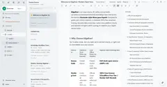 The EdgeEver demo: notebooks on the left, a note list in the middle, and a note with a table plus an outline on the right.