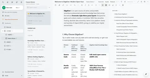 The EdgeEver demo: notebooks on the left, a note list in the middle, and a note with a table plus an outline on the right.