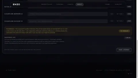 ENZO's Vault settings screen, showing API key fields for Cloudflare Workers AI and account ID, with a passphrase-lock notice.