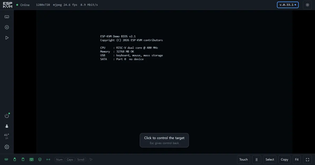 ESP-KVM 브라우저 콘솔 — 대상 PC 바탕화면에 우클릭 메뉴가 열려 있고, 아래 상태 바와 영상 설정 패널이 보이는 화면
