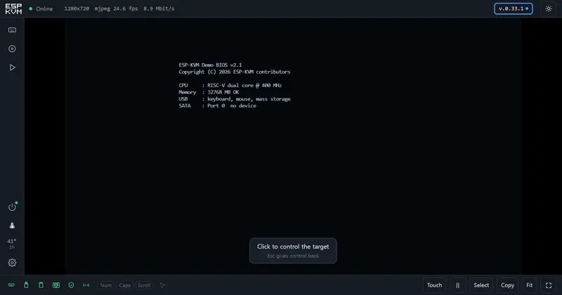 ESP-KVM 브라우저 콘솔 — 대상 PC 바탕화면에 우클릭 메뉴가 열려 있고, 아래 상태 바와 영상 설정 패널이 보이는 화면