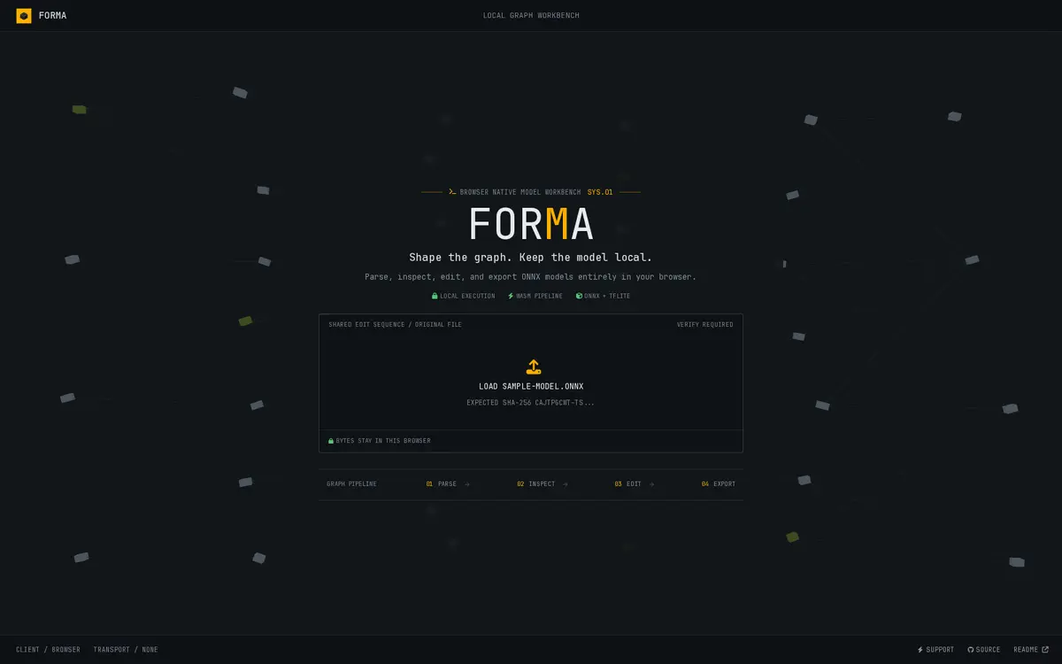 Forma 편집 화면. 가운데 캔버스에 샘플 ONNX 모델 그래프가 펼쳐져 있고 Conv 노드가 선택돼 오른쪽 Layer Inspector에 수정 가능한 속성·텐서 크기·파라미터 수가 보입니다.