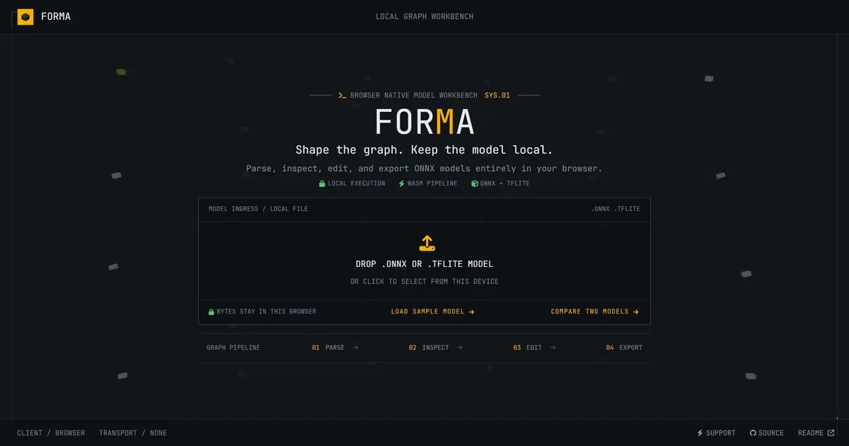 Forma 편집 화면. 가운데 캔버스에 샘플 ONNX 모델 그래프가 펼쳐져 있고 Conv 노드가 선택돼 오른쪽 Layer Inspector에 수정 가능한 속성·텐서 크기·파라미터 수가 보입니다.