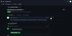 GitOrange의 풀 리퀘스트 화면. 'Add division to the Mill' 제목, 모든 검사 통과, 병합 단추.