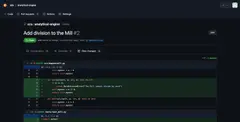 GitOrange의 풀 리퀘스트 화면. 'Add division to the Mill' 제목, 모든 검사 통과, 병합 단추.