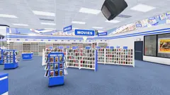 Halcyon Video 매장 내부 3D 장면: 파란색·흰색 인테리어, 'MOVIES' 간판, 비디오 케이스가 가득한 선반, 'Previously Viewed' 진열대, 천장에 매달린 CRT TV