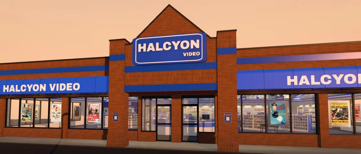 Halcyon Video 매장 내부 3D 장면: 파란색·흰색 인테리어, 'MOVIES' 간판, 비디오 케이스가 가득한 선반, 'Previously Viewed' 진열대, 천장에 매달린 CRT TV
