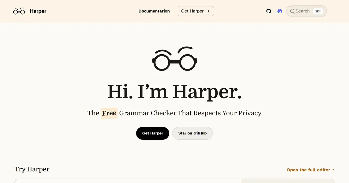 The Harper site showing the grammar checker marking issues in a sentence.