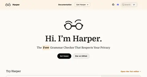 Harper 소개 화면. 문법 검사기가 문장의 문제 지점을 표시하는 모습이 보인다.