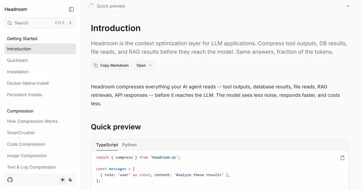 Headroom 문서 사이트 소개 페이지. 왼쪽 목차와 본문, 아래에 TypeScript compress 호출 코드 미리보기가 있습니다.