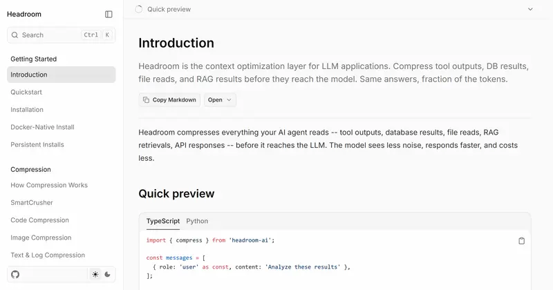 Headroom 문서 사이트 소개 페이지. 왼쪽 목차와 본문, 아래에 TypeScript compress 호출 코드 미리보기가 있습니다.