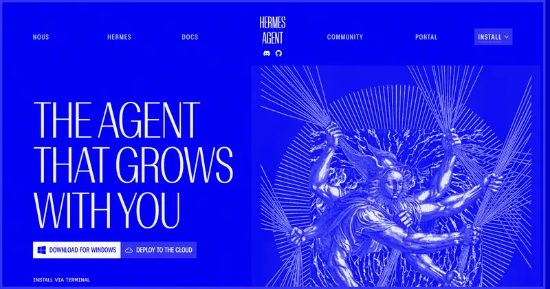 Hermes Agent 랜딩. 파란 배경에 'THE AGENT THAT GROWS WITH YOU' 헤드라인과 날개 달린 인물 판화풍 삽화.