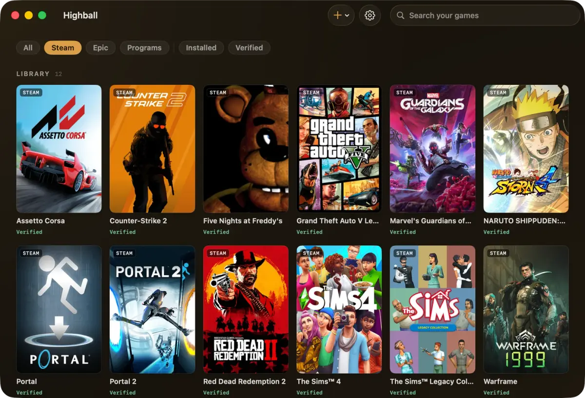 Highball 라이브러리 화면. 위에 All·Steam·Epic 필터, 아래에 게임 커버 12개와 각각 Verified 표시.