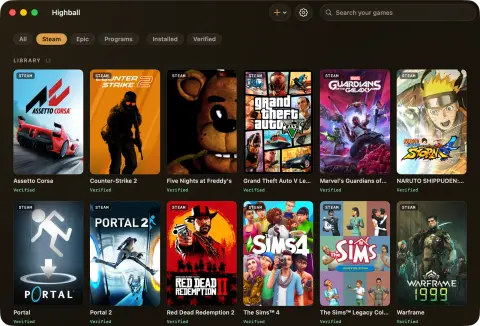 Highball 라이브러리 화면. 위에 All·Steam·Epic 필터, 아래에 게임 커버 12개와 각각 Verified 표시.