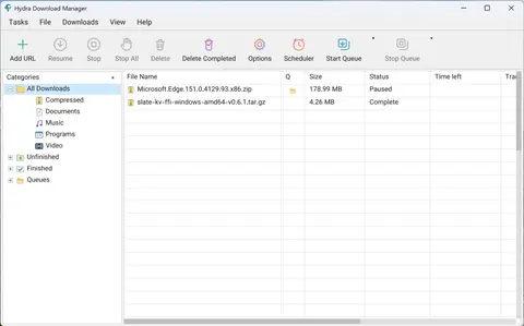 Hydra Download Manager 데스크톱 창: 왼쪽에 압축·문서·음악·프로그램·영상 카테고리 트리, 오른쪽에 일시정지 1건·완료 1건의 다운로드 목록, 상단에 일정 예약·대기열 시작 버튼