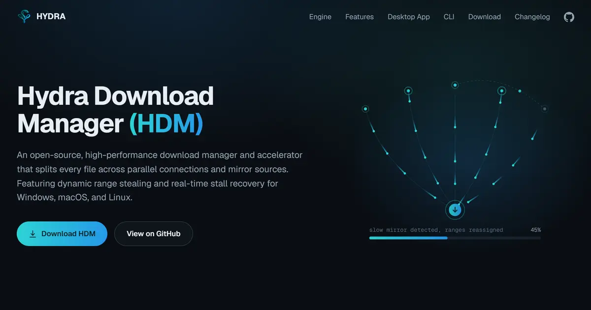 Hydra Download Manager 데스크톱 창: 왼쪽에 압축·문서·음악·프로그램·영상 카테고리 트리, 오른쪽에 일시정지 1건·완료 1건의 다운로드 목록, 상단에 일정 예약·대기열 시작 버튼