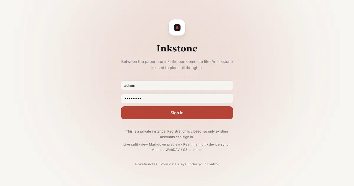 Inkstone 노트 화면. 왼쪽에 노트 목록, 가운데 "Welcome to Inkstone" 마크다운 본문, 오른쪽에 문서 개요가 보입니다.