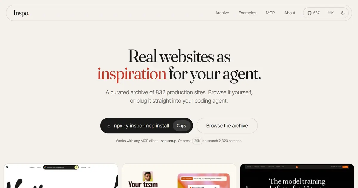 Inspo 소개 이미지. 실제 웹사이트 화면을 세로로 길게 여러 장 늘어놓고 아래에 "Give your agent design taste"라고 적혀 있다.