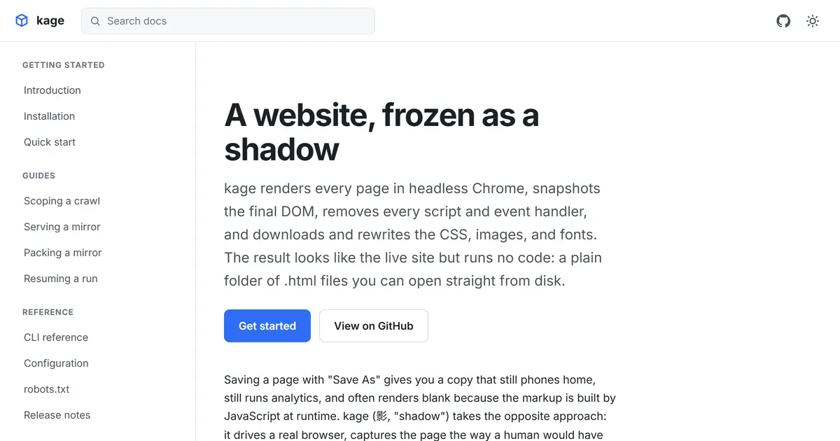 터미널 데모: paulgraham.com을 clone하고 한 파일로 pack한 뒤 오프라인으로 serve하는 과정