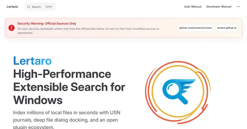 [확인 필요] README와 공식 사이트(lertaro.github.io)에 실제 제품 UI 스크린샷이 없음 — 첫 화면 이미지는 로고(logo.png) 하나뿐. 설치 후 실제 검색창을 캡처할 수 있으면 그 화면에 맞춰 alt를 다시 쓰고, 불가능하면 카드(tier 4)로 표시