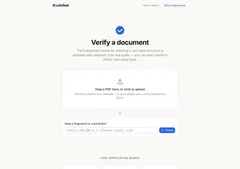 Let's Seal 검증 포털 화면: 'Verify a document' 제목 아래 PDF를 끌어다 놓는 업로드 상자와 SHA-256 지문·증명 링크를 붙여 넣는 입력란