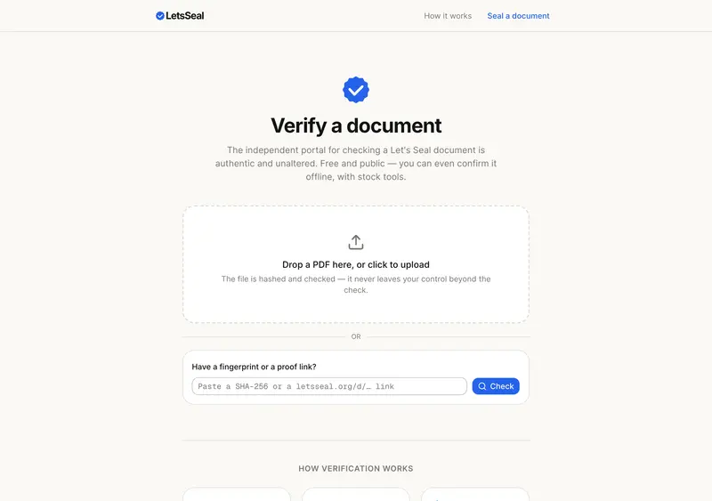 Let's Seal 검증 포털 화면: 'Verify a document' 제목 아래 PDF를 끌어다 놓는 업로드 상자와 SHA-256 지문·증명 링크를 붙여 넣는 입력란