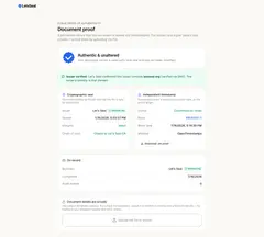 Let's Seal 검증 포털 화면: 'Verify a document' 제목 아래 PDF를 끌어다 놓는 업로드 상자와 SHA-256 지문·증명 링크를 붙여 넣는 입력란