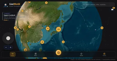 LiveWorld's globe: yellow clusters counting cameras around Korea and Japan, with music, menu, saved and submit buttons below.