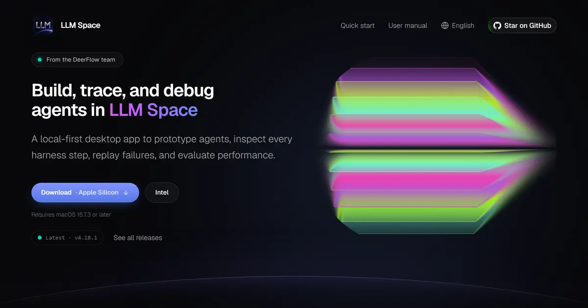 LLM Space 데스크톱 앱: 왼쪽에 모델·도구·변수·시스템 프롬프트 설정, 오른쪽에 사용자 메시지와 어시스턴트의 skill 도구 호출·응답이 보이는 에이전트 스레드 화면