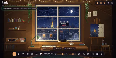 Lofi Cities' Paris scene: a pixel-art attic with the Eiffel Tower through a rainy window, playback controls below.