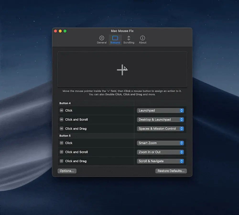 Mac Mouse Fix's Buttons preferences pane, showing dropdown actions assigned to Button 4 and Button 5 for click, scroll and drag.