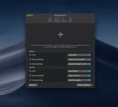 Mac Mouse Fix's Buttons preferences pane, showing dropdown actions assigned to Button 4 and Button 5 for click, scroll and drag.