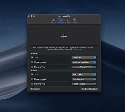 Mac Mouse Fix's Buttons preferences pane, showing dropdown actions assigned to Button 4 and Button 5 for click, scroll and drag.