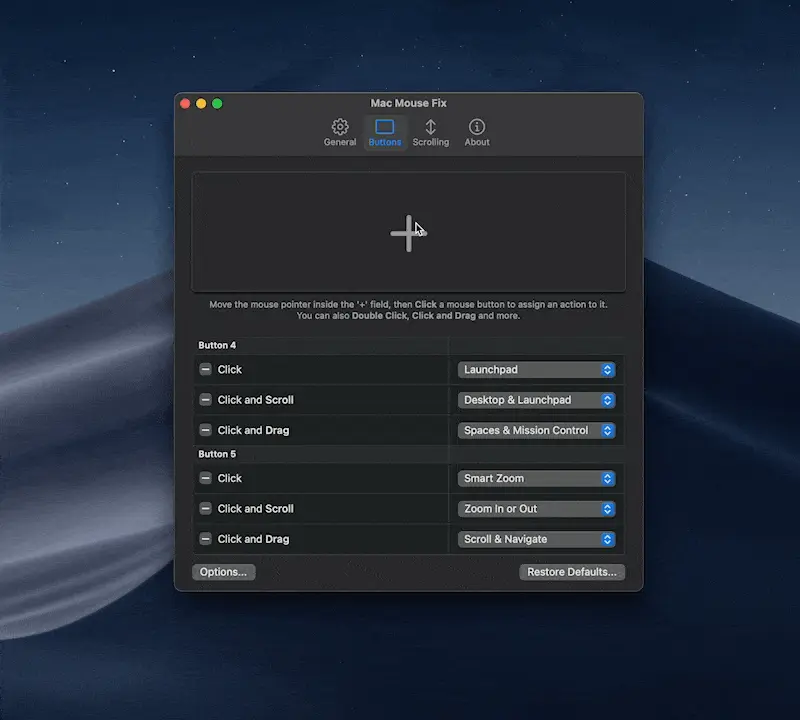 Mac Mouse Fix's Buttons preferences pane, showing dropdown actions assigned to Button 4 and Button 5 for click, scroll and drag.