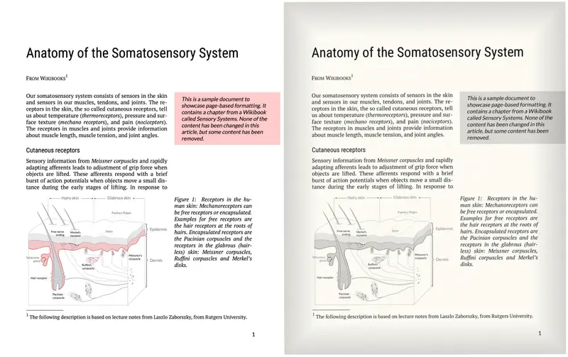README 예시 이미지 — 왼쪽은 원본 PDF 페이지, 오른쪽은 스캔한 것처럼 기울어지고 회색조·종이 톤·가장자리 그늘이 입혀진 같은 페이지