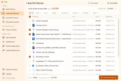 MangoDisk 딥 클린업 화면(macOS): 왼쪽 메뉴에 Storage·Privacy·System Tools 항목, 가운데 시스템 캐시·Xcode 데이터·프로젝트 빌드 산출물 등 카테고리별 용량, 오른쪽에 체크박스가 달린 사용자 캐시 목록, 하단 Smart recommendation과 Clean 버튼