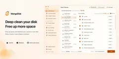 MangoDisk 딥 클린업 화면(macOS): 왼쪽 메뉴에 Storage·Privacy·System Tools 항목, 가운데 시스템 캐시·Xcode 데이터·프로젝트 빌드 산출물 등 카테고리별 용량, 오른쪽에 체크박스가 달린 사용자 캐시 목록, 하단 Smart recommendation과 Clean 버튼