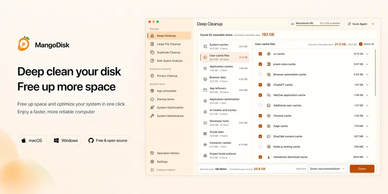 MangoDisk 딥 클린업 화면(macOS): 왼쪽 메뉴에 Storage·Privacy·System Tools 항목, 가운데 시스템 캐시·Xcode 데이터·프로젝트 빌드 산출물 등 카테고리별 용량, 오른쪽에 체크박스가 달린 사용자 캐시 목록, 하단 Smart recommendation과 Clean 버튼