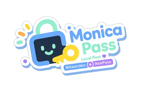 Monica 앱 화면 모음. 왼쪽부터 금고 목록과 항목 상세, 테마가 적용된 비밀번호 입력 화면이 나란히 있다.