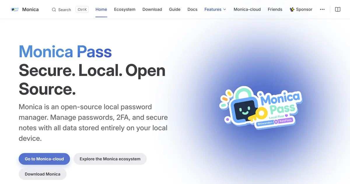 Monica app screens side by side: the vault list, an entry’s detail view and a themed password screen.