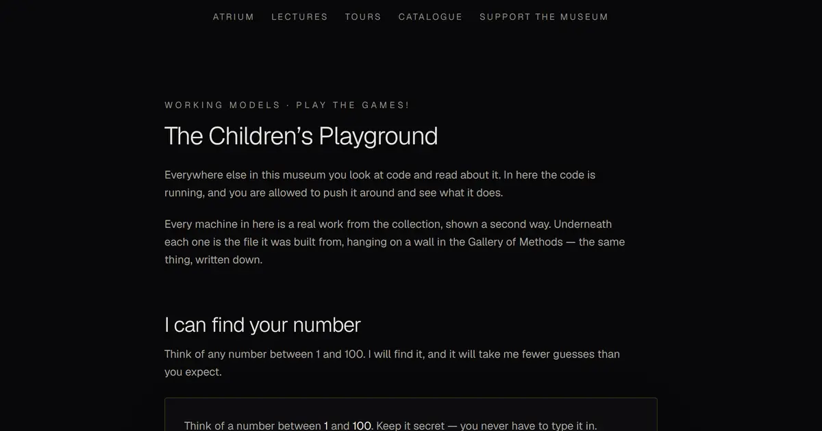 Programming Museum 놀이터 페이지. 검은 배경에 The Children's Playground 제목, 아래에 숫자 맞히기 게임.