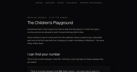 Programming Museum 놀이터 페이지. 검은 배경에 The Children's Playground 제목, 아래에 숫자 맞히기 게임.