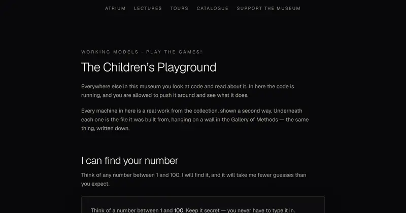 Programming Museum 놀이터 페이지. 검은 배경에 The Children's Playground 제목, 아래에 숫자 맞히기 게임.